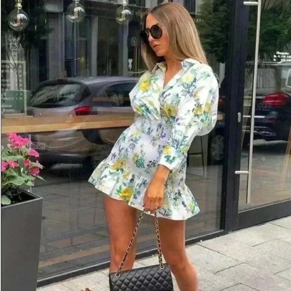 Zara Yellow and Green Floral Asymmetrical Ruffled Dress